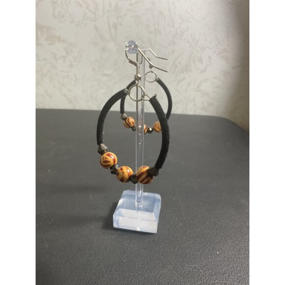 Tiger Stripe Hoop Earrings With Bead Accents For Women - Picture 2 of 2